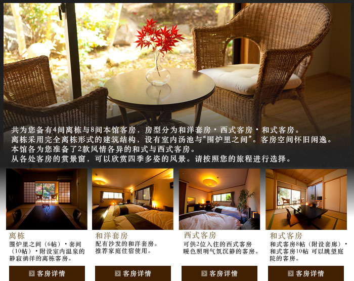共为您备有4间离栋与8间本馆客房，房型分为和洋套房・西式客房・和式客房。离栋采用完全离栋形式的建筑结构，设有室内汤池与“围炉里之间”。客房空间怀旧闲逸。本馆各为您准备了2款风情各异的和式与西式客房。从各处客房的赏景窗，可以欣赏四季多姿的风景。请按照您的旅程进行选择。